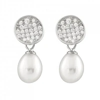Sterling Silver 7.5-8mm White Freshwater Pearl Cubic Zirconia Earrings