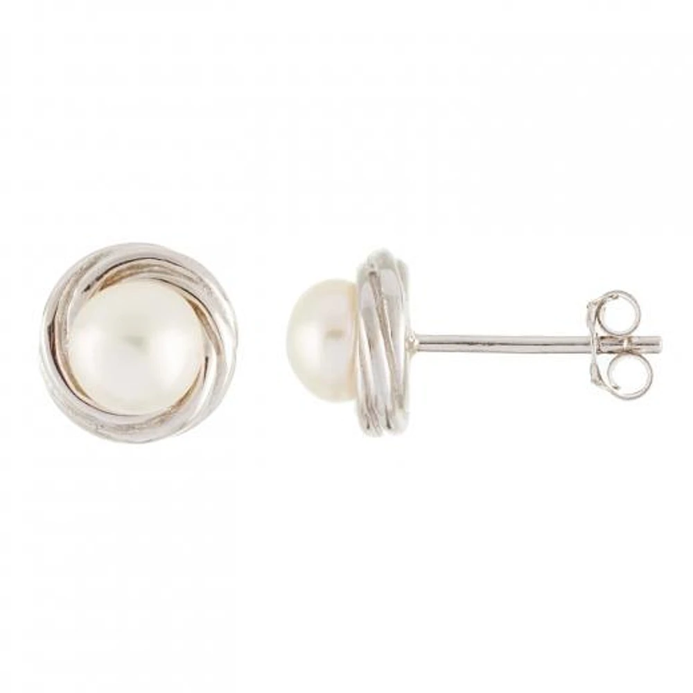 Sterling Silver 5-5.5mm White Loveknot Freshwater Pearl Earrings