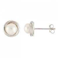 Sterling Silver 5-5.5mm White Loveknot Freshwater Pearl Earrings