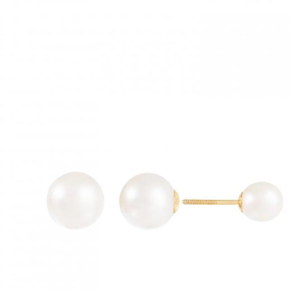 14K Yellow Gold Barbell 6-9.5mm Pearl Stud Earrings