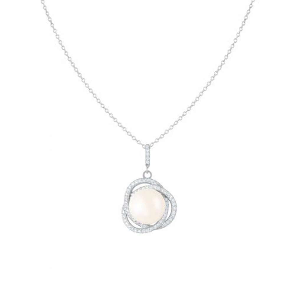Sterling Silver 11-12mm Fancy Halo Pearl & Cubic Zirconia Pendant