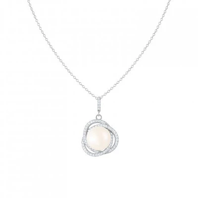 Sterling Silver 11-12mm Fancy Halo Pearl & Cubic Zirconia Pendant