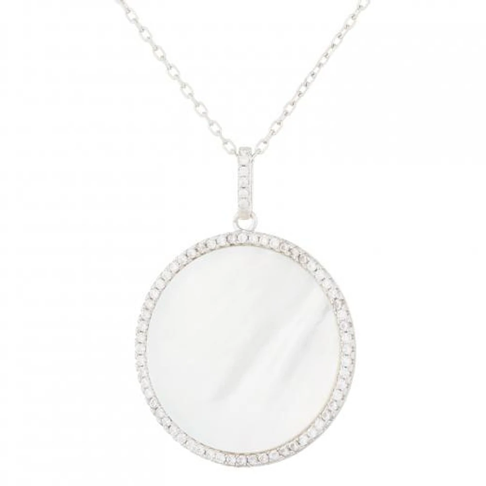 Sterling Silver 23mm Mother of Pearl & Cubic Zirconia Halo Pendant