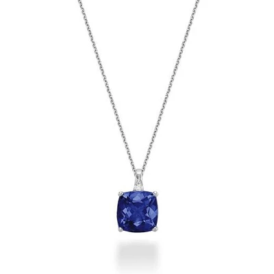 10K White Gold Created Blue Sapphire & Diamond Pendant