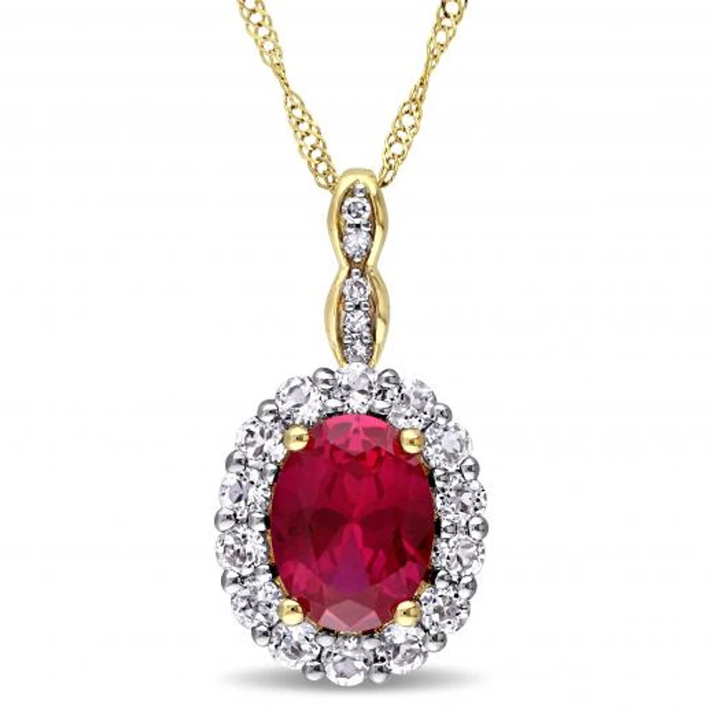 Julianna B 14k Yellow Gold Created Ruby, White Topaz & 0.03CTW Diamond Pendant