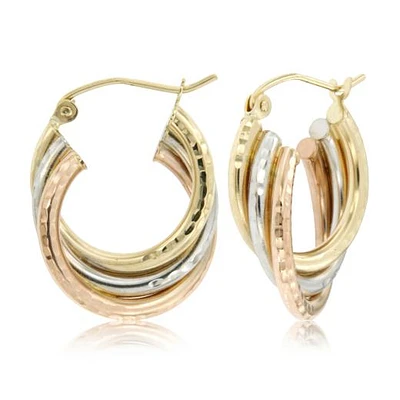 10K Tri-Colour Gold Diamond Cut Triple Tube Hoop Earrings