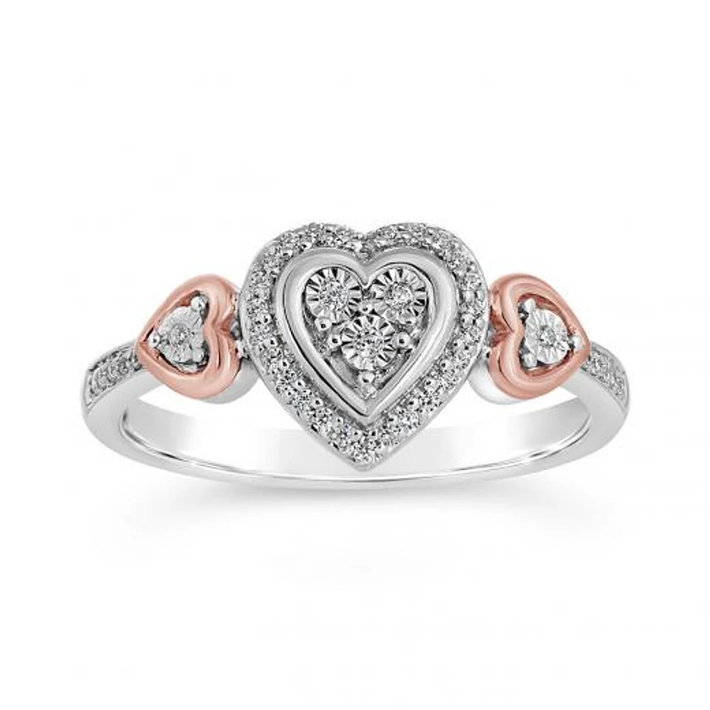 Sterling Silver & 10K Rose Gold Heart 0.11CTW Diamond Ring