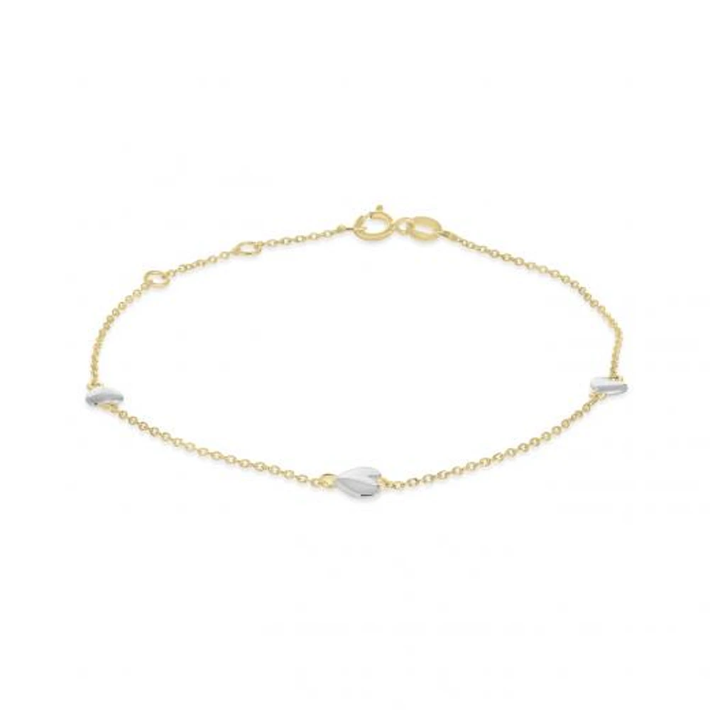 10K Yellow and White Gold 7.5" 3 Stations Heart Bracelet