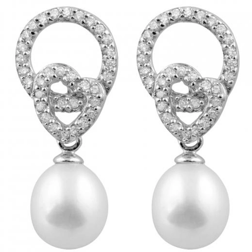 Sterling Silver 8-8.5mm Freshwater Pearls & Cubic Zirconia Earrings
