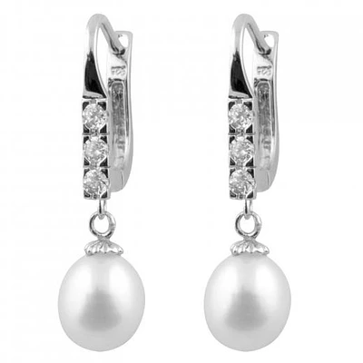 Sterling Silver 7-8mm White Freshwater Pearls and Cubic Zirconia Earrings