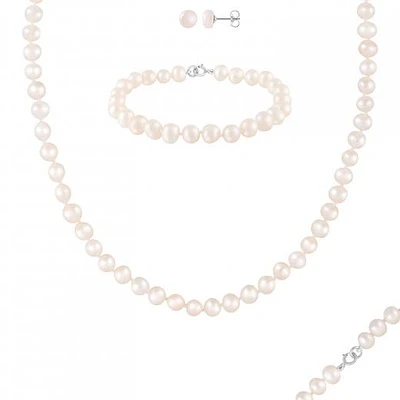 Sterling Silver 6-7mm White Freshwater Pearl Necklace, Bracelet and Earrings Set