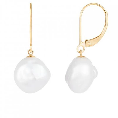 14K Yellow Gold 9-10mm Keshi Pearl Leverback Earrings