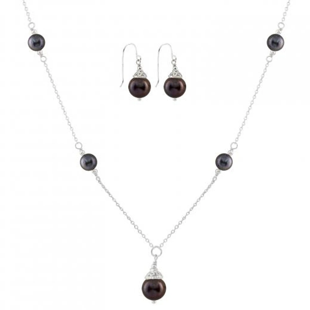 Sterling Silver Black Freshwater Pearl 18" Necklace and Earrings Set