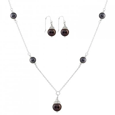 Sterling Silver Black Freshwater Pearl 18" Necklace and Earrings Set