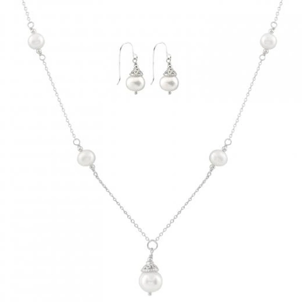 Sterling Silver White Freshwater Pearl 18" Necklace and Earrings Set