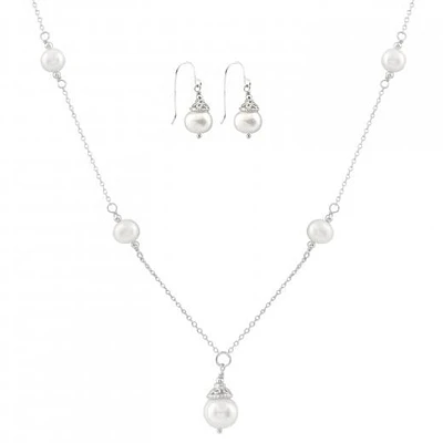 Sterling Silver White Freshwater Pearl 18" Necklace and Earrings Set