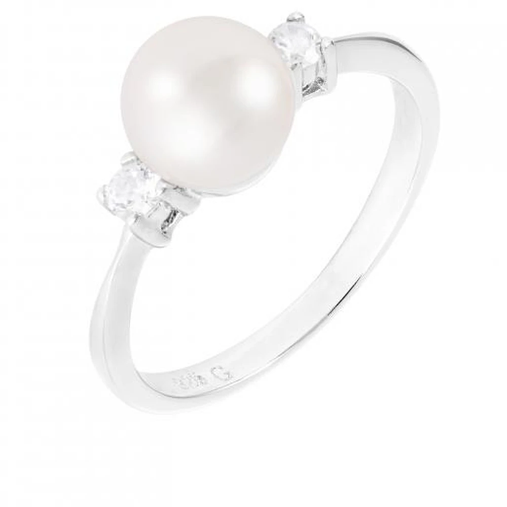 Sterling Silver 7-8mm Freshwater Pearl and Cubic Zirconia Ring