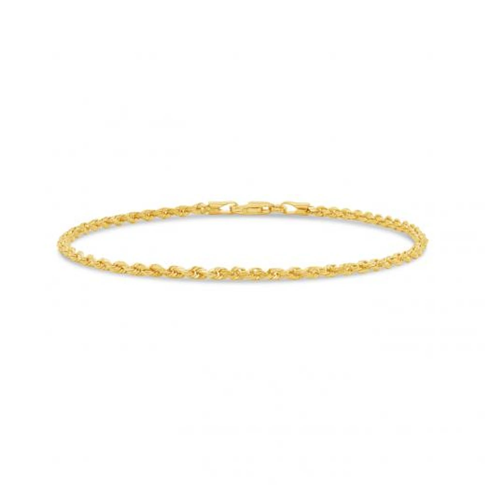 10K Yellow Gold 7.5" 2mm Semi Solid Diamond Cut Rope Bracelet