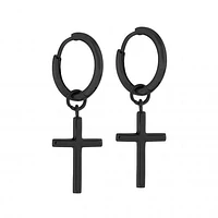 Stainless Steel Black Dangle Cross Hoops