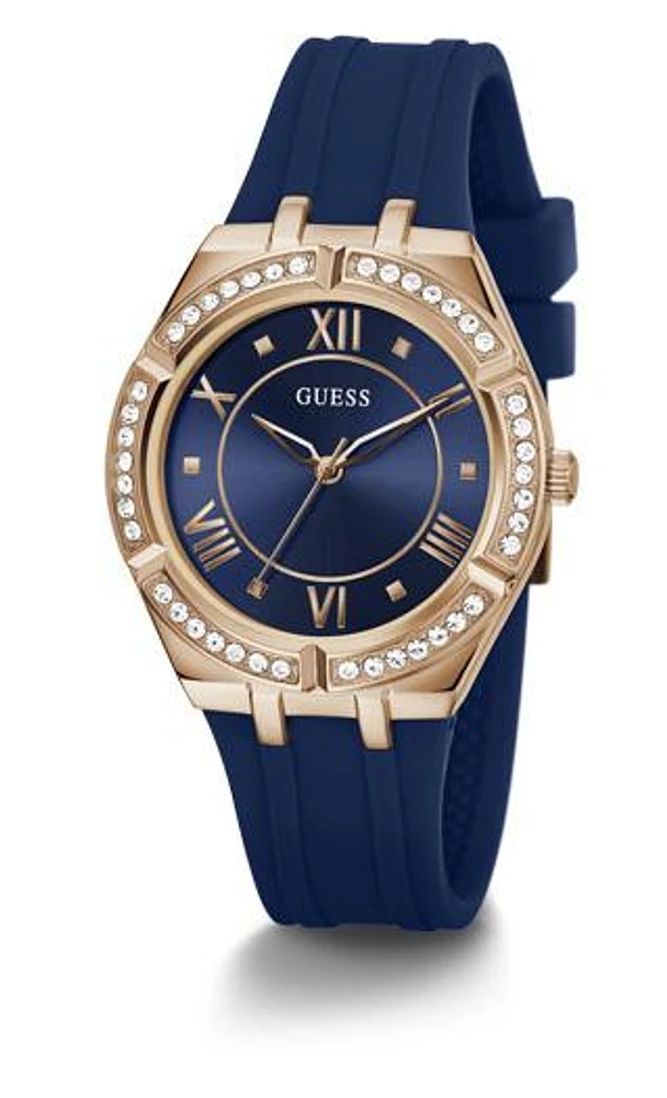 Guess Women's Rose Gold-Tone Crystal with Blue Silicone Strap Watch