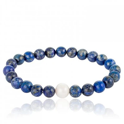 Lapis Beaded Elastic White Freshwater Pearl 8" Bracelet