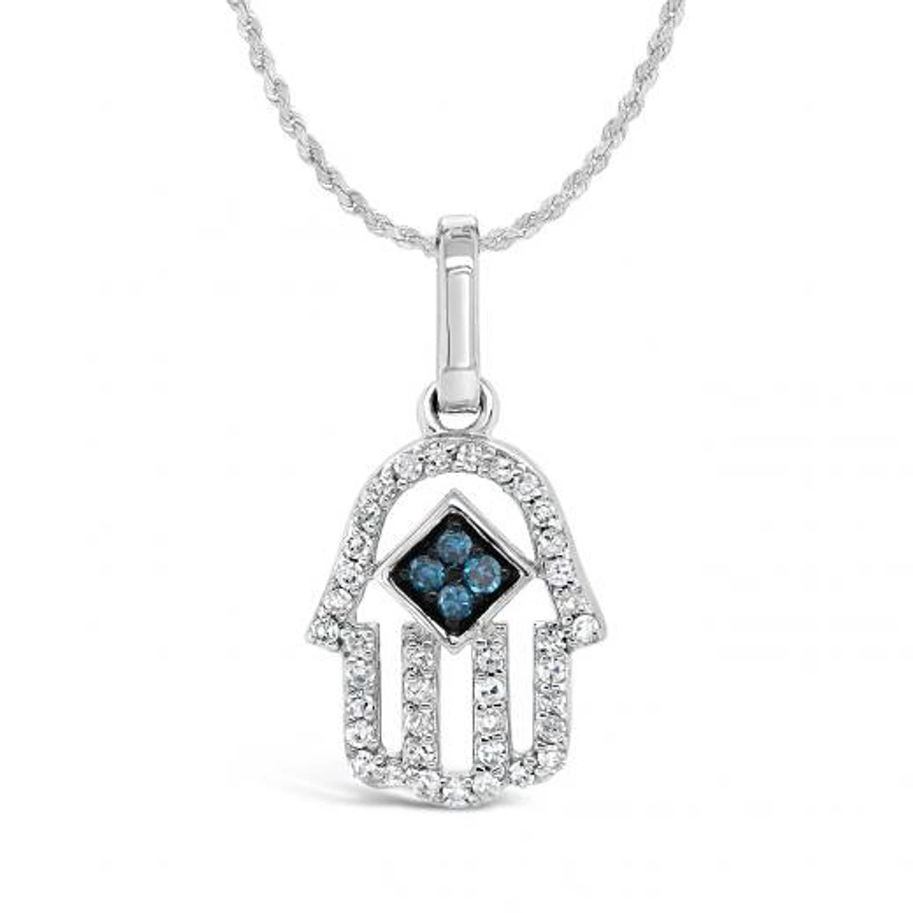 Sterling Silver 0.10CTW White & Blue Diamond Hamsa Pendant