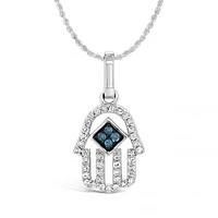 Sterling Silver 0.10CTW White & Blue Diamond Hamsa Pendant