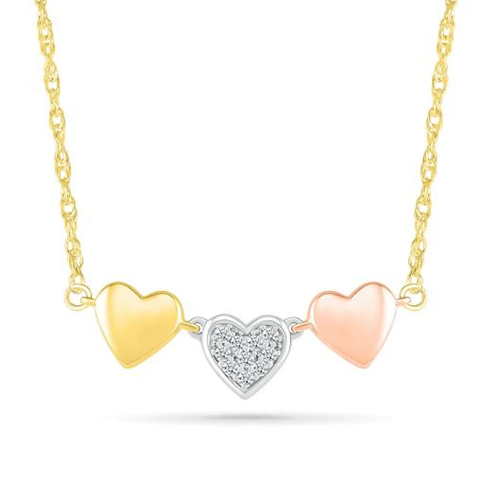 10K Tri-Colour Gold Heart Trio Diamond Necklace