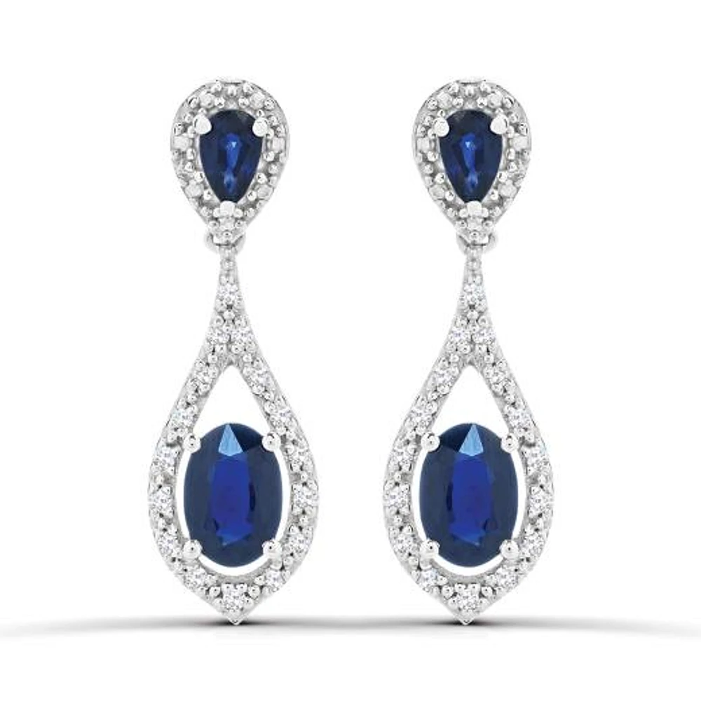 10K White Gold Blue Sapphire and Diamond Dangle Earrings