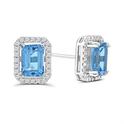 10K White Gold Swiss Blue Topaz & White Zircon Stud Earrings