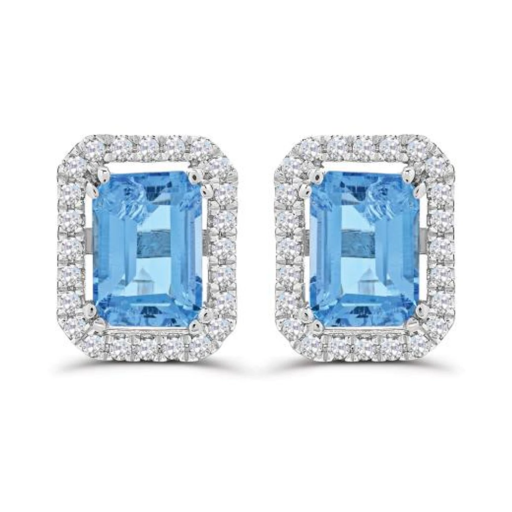 10K White Gold Swiss Blue Topaz & White Zircon Stud Earrings