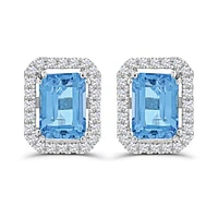 10K White Gold Swiss Blue Topaz & White Zircon Stud Earrings