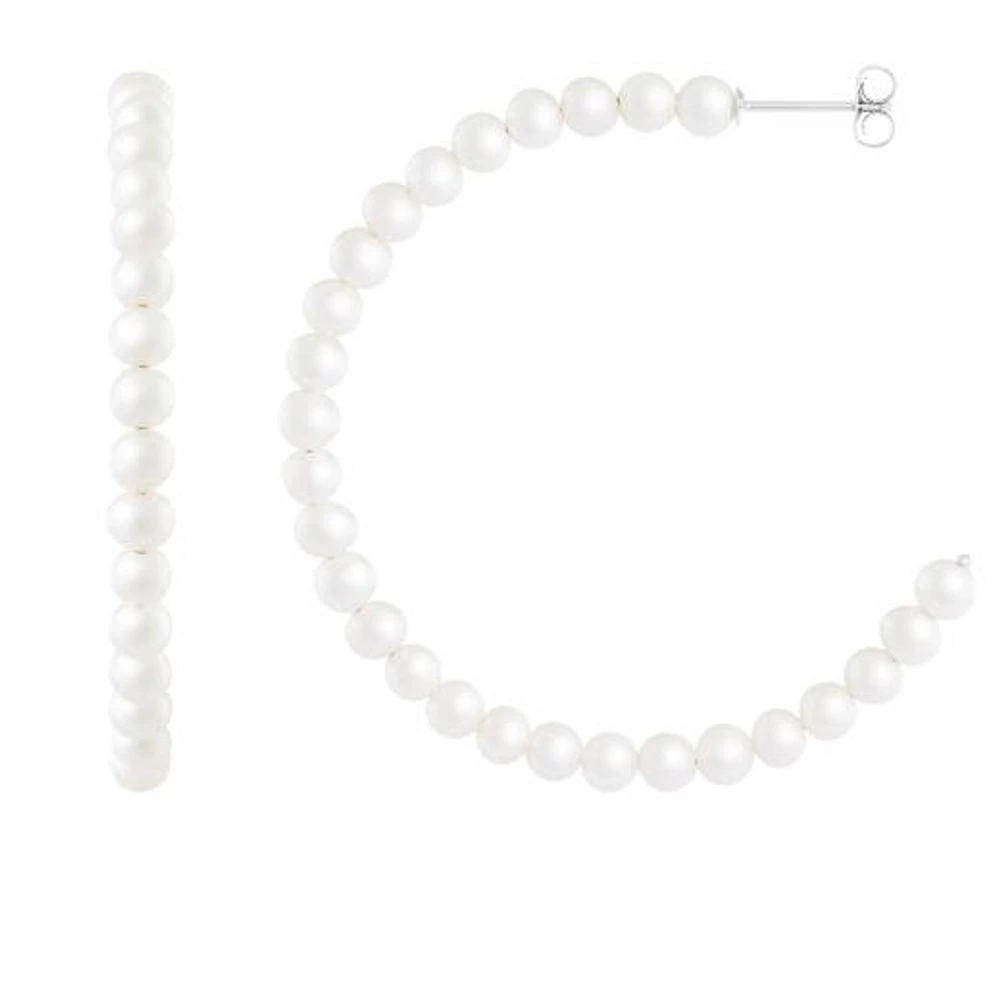 Sterling Silver 4-5mm White Freshwater Pearl Hoop Earrings