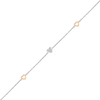 Bella Moda Sterling Silver & 10K Rose Gold Diamond Triple Heart Anklet