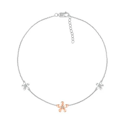 Bella Moda Sterling Silver & 10K Rose Gold Diamond Flower Anklet