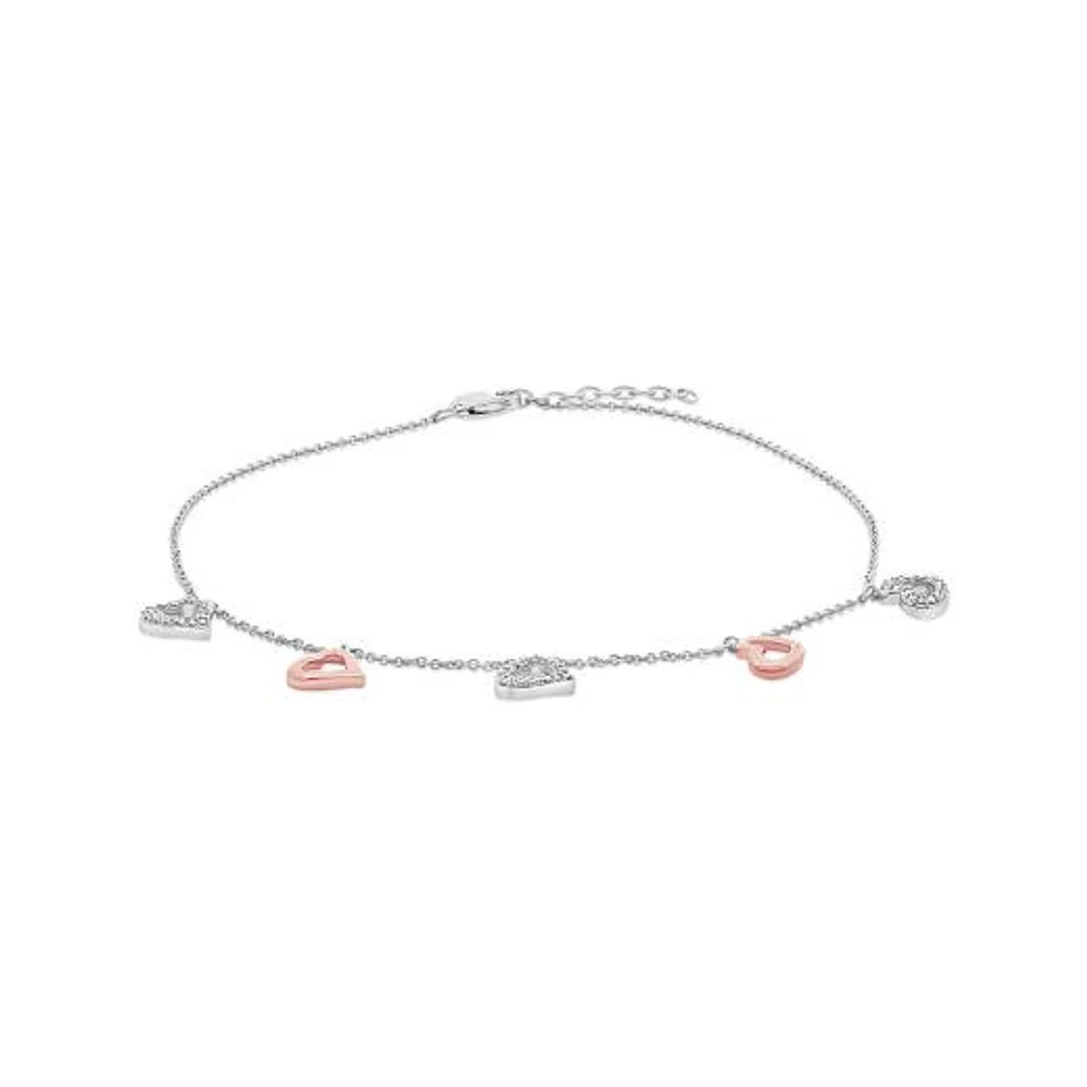 Sterling Silver and 10K Rose Gold Diamond Heart Ankle Bracelet