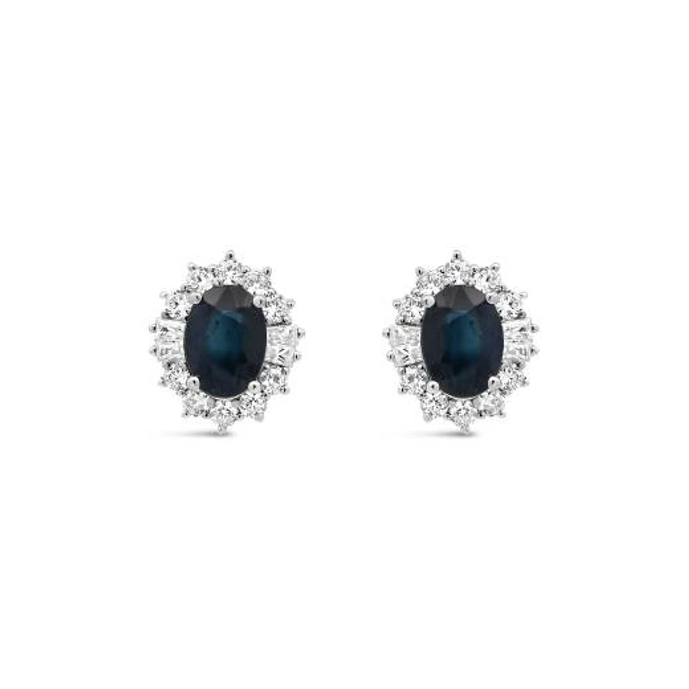 Sterling Silver Blue Sapphire & White Zircon Halo Earrings