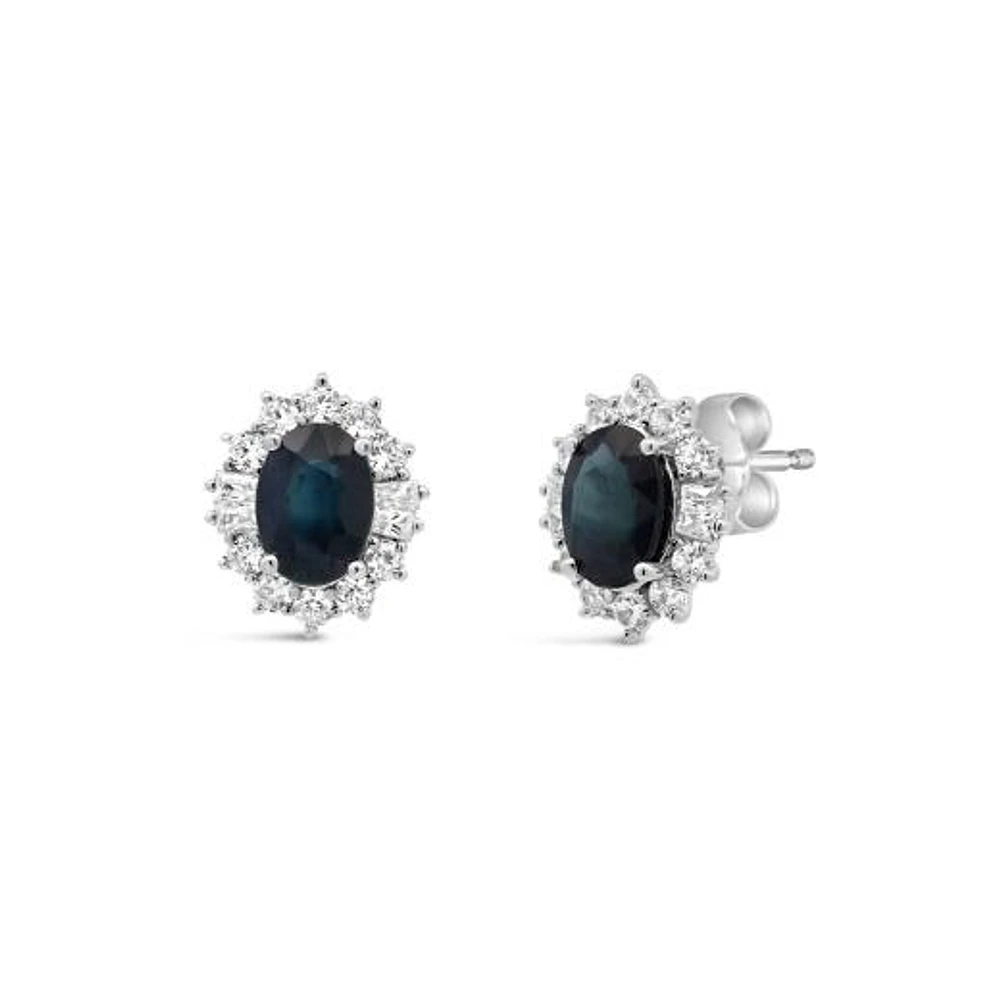 Sterling Silver Blue Sapphire & White Zircon Halo Earrings