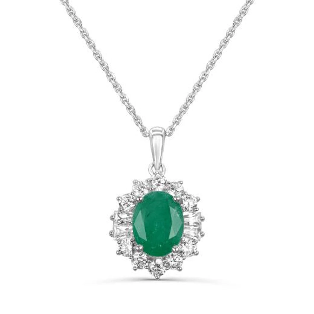 Sterling Silver Emerald & White Zircon Halo 19" Pendant