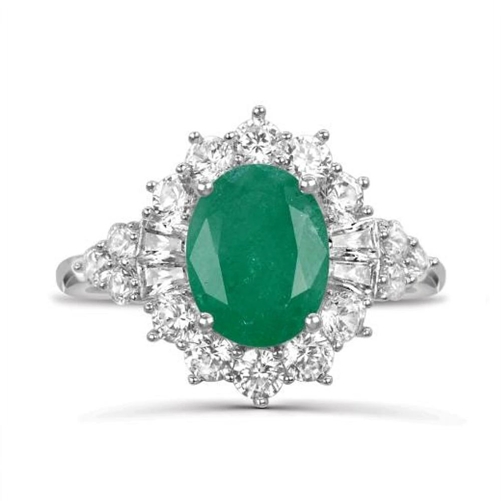 Sterling Silver Emerald & White Zircon Halo Ring