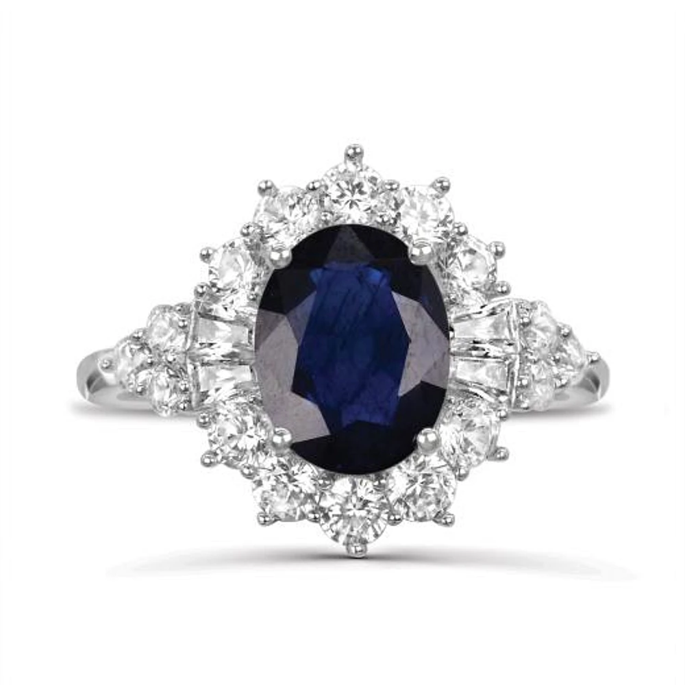 10K White Gold Sapphire & Lab Grown Diamond Halo Ring