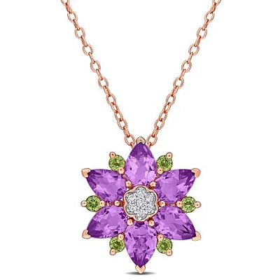 Julianna B Rose Plated Sterling Silver Amethyst Peridot & Diamond Pendant