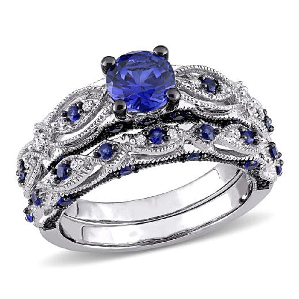 Julianna B 10K White Gold Created Sapphire & Diamond Bridal Set