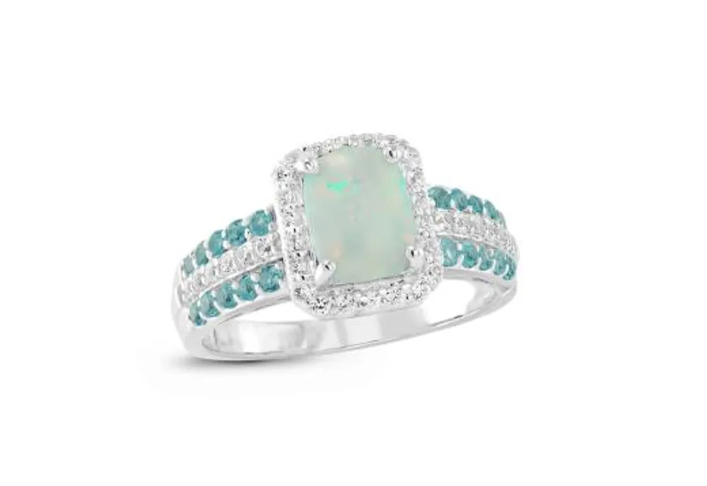 Sterling Silver Created Opal, Created White Sapphire & Blue Topaz Ring
