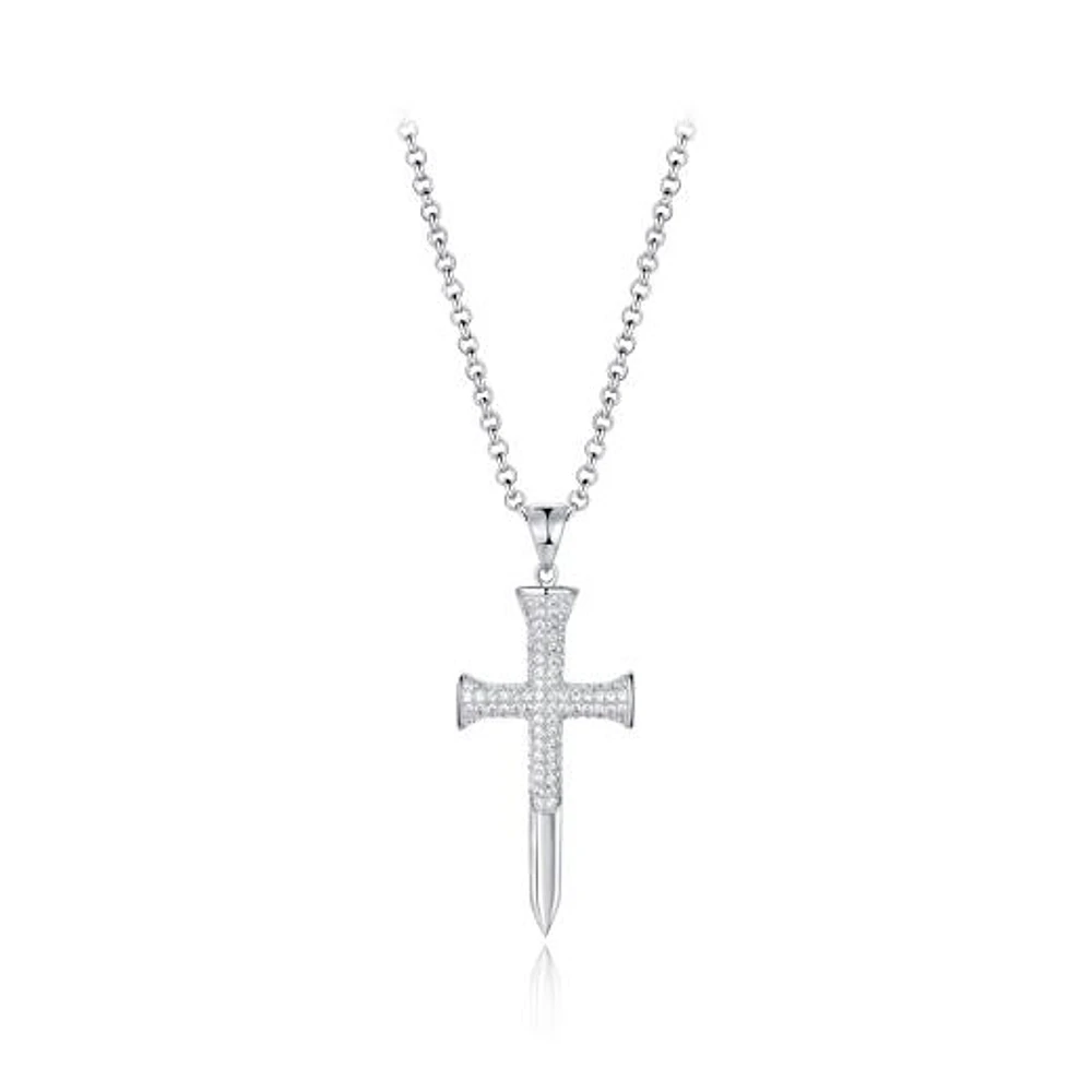Sterling Silver Men's Cubic Zirconia Cross Pendant On Chain