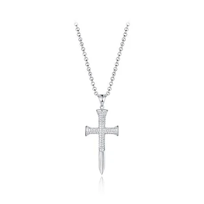 Sterling Silver Men's Cubic Zirconia Cross Pendant On Chain