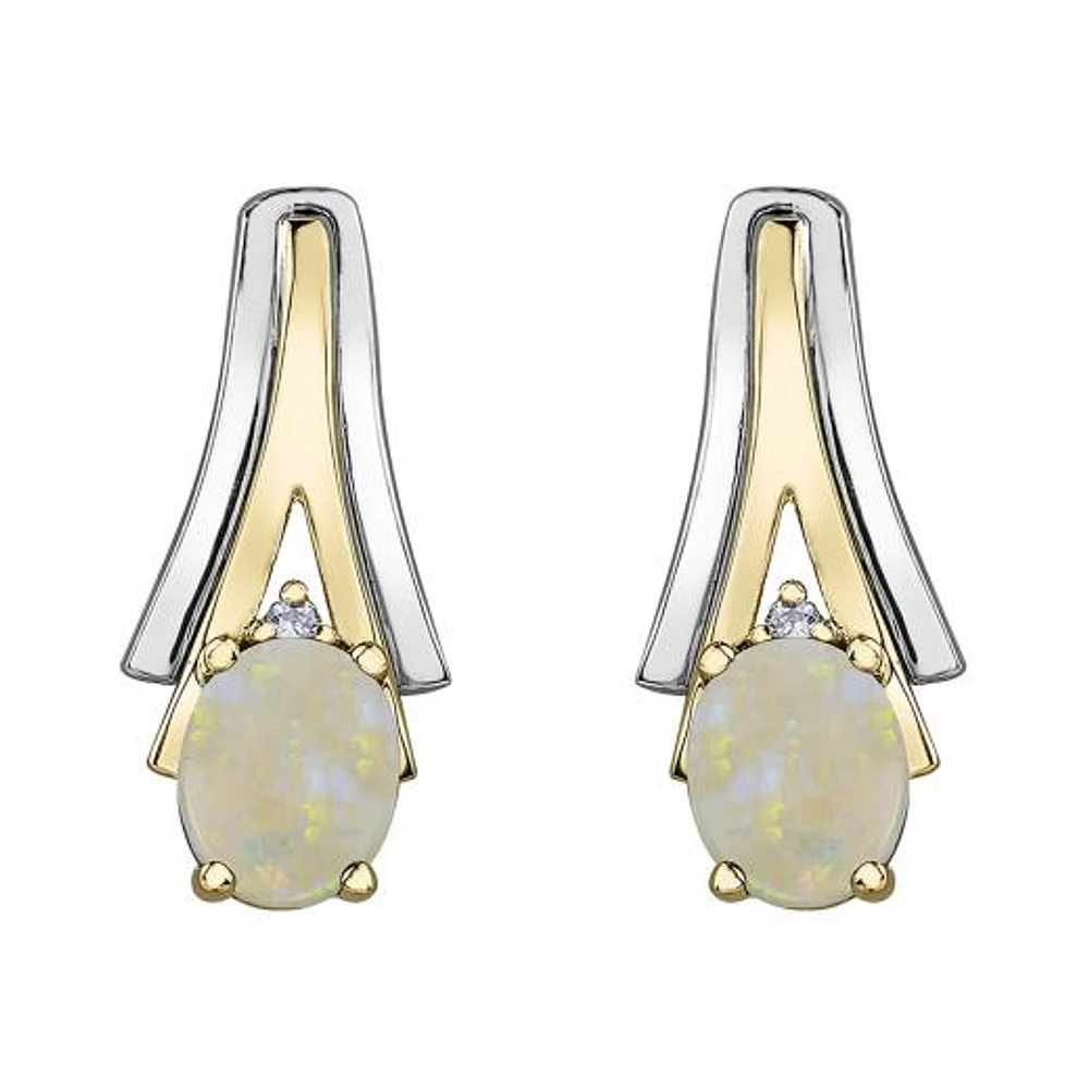 10K White & Yellow Gold Opal & 0.01CTW Diamond Earring