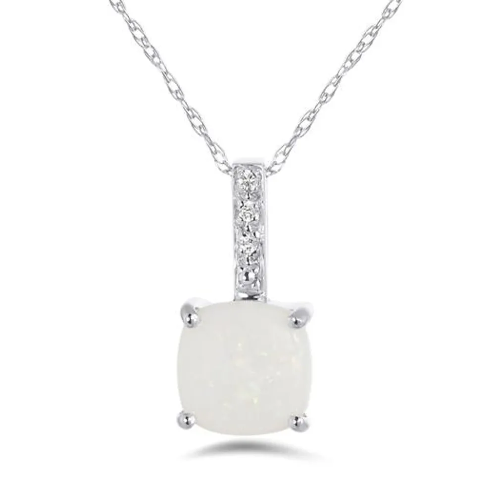 10K White Gold Genuine Opal & Diamond Pendant