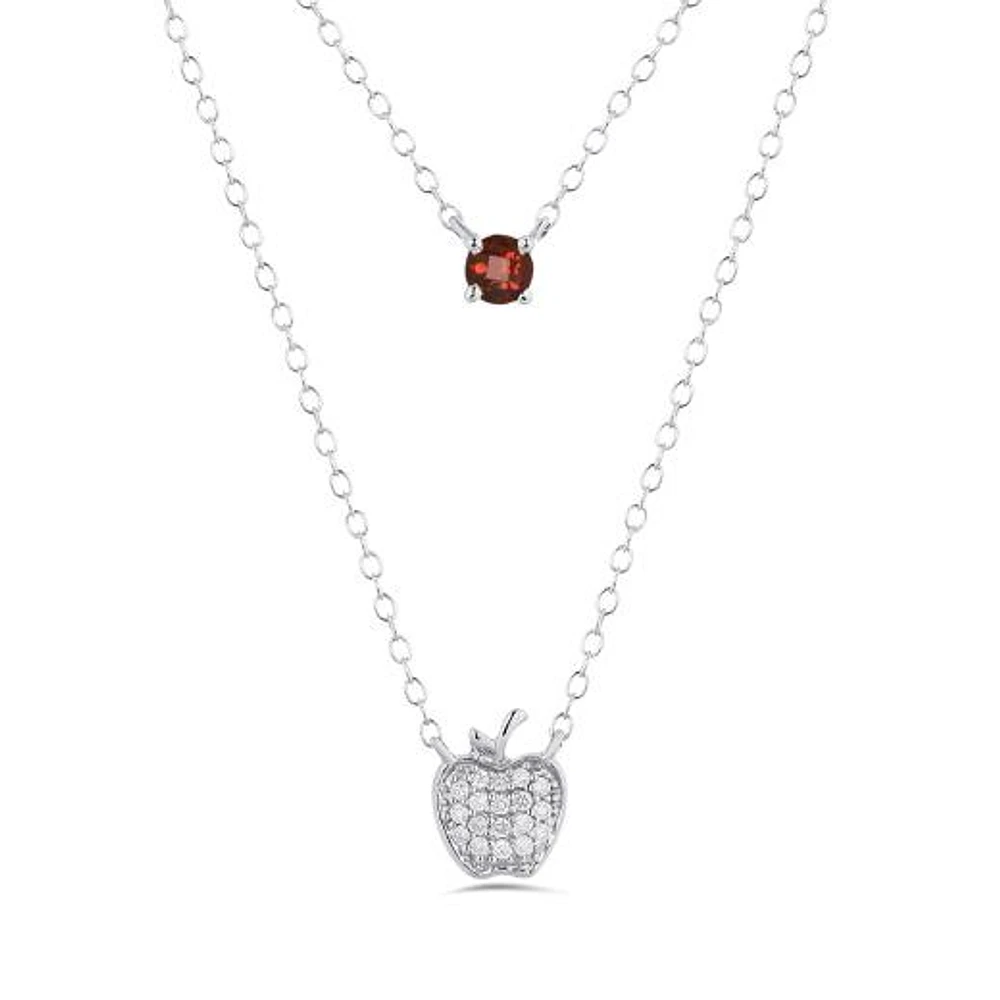 Enchanted Disney Sterling Silver 0.09CTW Apple Diamond & Garnet Necklace