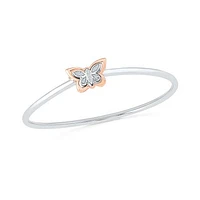 Sterling Silver & 10K Rose Gold Diamond Butterfly Bangle